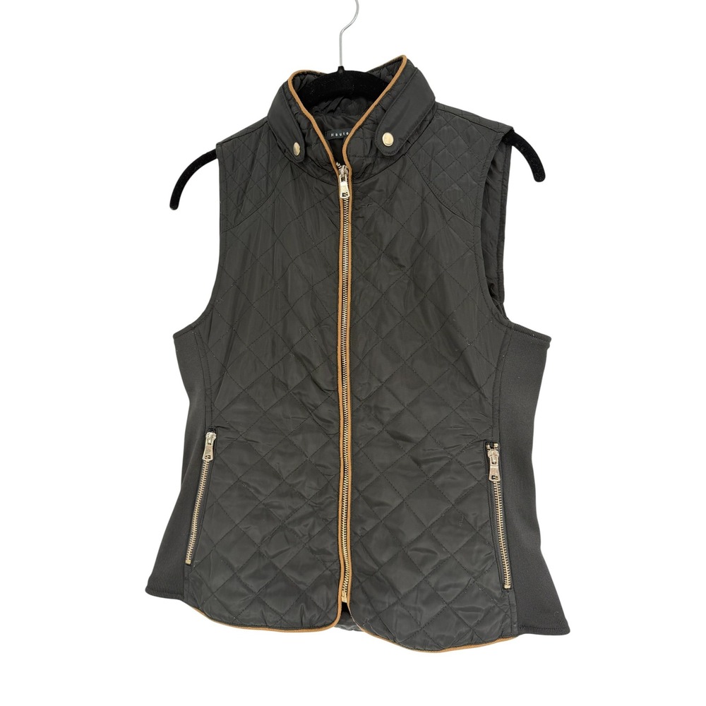 Haute Monde Womens Quilted Puffer Vest Black Faux Suede Trim Ribbed Sides Small